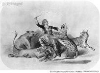 GRANC0027524_H | 게티이미지코리아 | LION TAMER, 1872. /nA circus lion tamer: lithograph, American, 1872. Rights-Managed 이미지