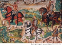 게티이미지코리아 | SPANISH CONQUISTADORS. /nIn the Americas. From the Koehler Codex, c1534. Rights-Managed 이미지