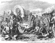 EMIGRANT WAGON TRAIN, 1871. /nA caravan encamped on the Santa Fe Trail. Line engraving, 1871. Rights-Managed 이미지
