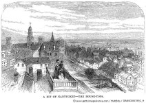 NANTUCKET SCENE, 1875. /nOverlooking the houses on Nantucket: wood engraving, American, 1875. Rights-Managed 이미지