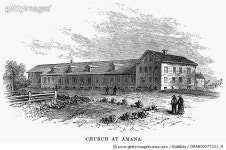 GRANC0077331_H | 게티이미지코리아 | AMANA, IOWA: CHURCH, 1875. /nInspirationalist church at Amana, Iowa. Wood engraving, 1875.... 