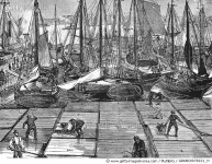 GRANC0078221_H | 게티이미지코리아 | FULTON FISH MARKET, 1887. /nWood engraving, 1887. Rights-Managed 이미지