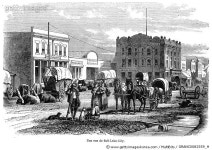 GRANC0082559_H | 게티이미지코리아 | SALT LAKE CITY, 1868. /nStreet scene in Salt Lake City, Utah. Wood engraving, French, 1868.... 