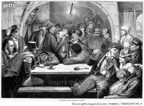 GRANC0087189_H | 게티이미지코리아 | GERMANY: BEER CELLAR, 1875. /nA German beer cellar at night. Wood engraving, 1875. Rights... 