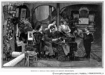 PHONOGRAPH, 1888. /nReceiving a message from America by Edisons phonograph. Line engraving, 1888. Rights-Managed 이미지