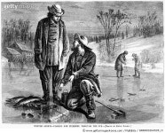 1868. /nWinter sports - fishing for pickerel through the ice. Engraving, 1868. Rights-Managed 이미지
