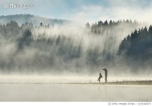 1145184679 | 게티이미지코리아 | Man playing with his dog by a misty mountain lake with sunbeams in a pine woodland Royalty-Free... 