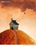 Kite vagabond house | 1219947475 | 게티이미지코리아 | Art piece of house with damaged roof and kite Royalty-Free 이미지