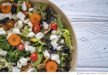 1271568478 | 게티이미지코리아 | Pasta Salad bowl and goat cheese, lettuce, carrots, black olives, cherry tomatoes Royalty-Free... 