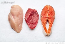 1369190134 | 게티이미지코리아 | Healthy keto eating Chicken,Salmon,Beef on white background Royalty-Free 이미지