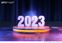 2023-0205-1423 | 1425627120 | 게티이미지코리아 | 2023 Text Block on Golden Pedestal Royalty-Free 이미지