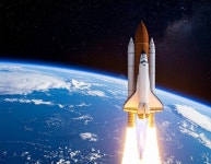 Rocket in Space Orbiting the Planet, Banner Design Stock Illustration - Illustration of poster, shuttle: 404341093