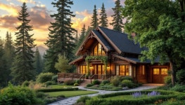 Sunset Log Cabin Dream Home Stock Illustration - Illustration of home, trees: 378482306