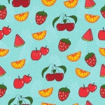 Fresh Fruits Icon. Seamless Pattern with Leaf, Apple, Strawberry, Watermelon, Cherry and Orange Fruits Illustration on Blue... 