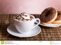Cup of Coffee with Whipped Cream and Chocolate Donut with Nuts Stock Image - Image of drink, breakfast: 41122337 Cup Of Coffee... 