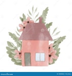 Watercolor Illustration of Cute Home with Floral Decoration Stock Vector - Illustration of element, drawn: 198998046