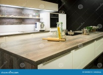 View into Modern Wooden Optic Kitchen Stock Image - Image of counter, luxury: 34438615