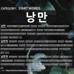 START WORDS: 낭만: (1)ろうまん・ロマン【浪漫】[낭만] (2)... ロマンチック[낭만적] (3)ろうまんてき【浪漫的】。ロマンチック[낭만적] (4)... 