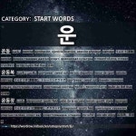 START WORDS: 운: (1)EXERCISE[운동] (2)SPORTSWEAR; SWEAT SUIT[운동복] (3)PLAYGROUND; SPORTS FIELD[운동장] (4)R