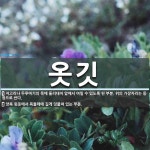 옷깃 뜻: 저고리나 두루마기의 목에 둘러대어 앞에서 여밀 수 있도록 된 부분. 위의 가장자리는 동정으 [국어 사전]