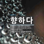 향하다 뜻: 어느 한쪽을 정면이 되게 대하다., 어느 한쪽을 목표로 하여 나아가다., 마음을 기울이다. [국어 사전]