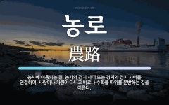 농로 뜻: 농사에 이용되는 길. 농가와 경지 사이 또는 경지와 경지 사이를 연결하여, 사람이나 차량이