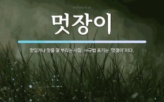 멋장이 뜻: 멋있거나 멋을 잘 부리는 사람. ⇒규범 표기는 ‘멋쟁이’이다.
