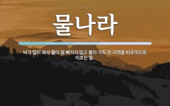 물나라 뜻: 비가 많이 와서 물이 잘 빠지지 않고 물이 가득 찬 지역을 비유적으로 이르는 말.