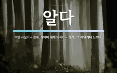 알다 뜻: 어떤 사실이나 존재, 상태에 대해 의식이나 감각으로 깨닫거나 느끼다.