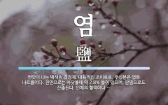 염 뜻: 짠맛이 나는 백색의 결정체. 대표적인 조미료로, 주성분은 염화 나트륨이다. 천연으로는 바닷