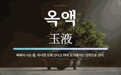 옥액 뜻: 옥에서 나는 즙. 마시면 오래 산다고 하여 도가에서는 선약으로 친다.