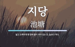 지당 뜻: 넓고 오목하게 팬 땅에 물이 괴어 있는 곳. 늪보다 작다.