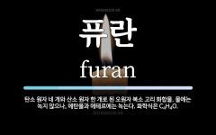 퓨란 뜻: 탄소 원자 네 개와 산소 원자 한 개로 된 오원자 복소 고리 화합물. 물에는 녹지 않으나,