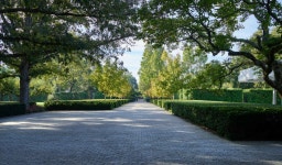 Walkway outside the Miller House, considered a modern-architecure gem designed by Finnish-American architect Eero Saarinen and... 