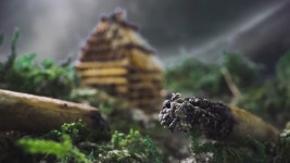 CU 샷, 매크로 뷰, 이동 캠: 여름 숲의 극단적인 근접 촬영 사이에서 연기가 나는 작은 성냥집을 향해 던진 탄 토막이 있는 소형 무대 장면... 