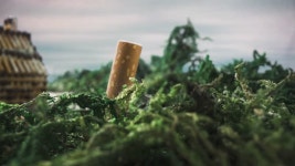 CU, 매크로 뷰, 이동 캠: 연기가 나는 작은 성냥집에 대해 잔디 위에 깨진 스텁이 남아 있는 소형 설치 매우 가까운 낮은 각도 샷 무비클립... 