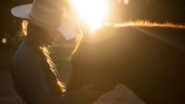 Download Country Girl Sunset Horse Caress.jpg Wallpaper | Wallpapers.com