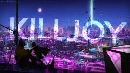 Download Kill Joy - A Neon City With A Man On Top Wallpaper | Wallpapers.com