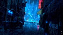 Download Neon Blue Raining Street Wallpaper | Wallpapers.com
