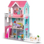 Wooden DIY Dolls Doll House 3 Level Kids Pretend Play Toys Full Furniture Set Pink | BIG W
