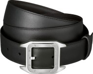 Reversible black and brown cowhide strap, embossed Cartier marking. Dimensions: 30 mm wide x 1230 mm long. Adjustable.