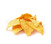 Pile of multiple corn yellow tortilla chips snacks, composition isolated over the white background | Stock Photo | Colourbox