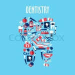 Healthy tooth made up of dentistry and oral hygiene flat symbols with toothbrushes and toothpastes, carious teeth, braces and... 
