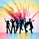 Silhouettes of party people on a colourful background | Stock Vector | Colourbox