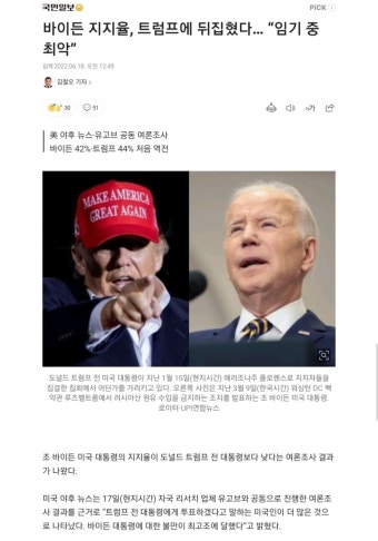 바이든 지지율, 트럼프에 뒤집혔다… “임기 중 최악” - DogDrip.Net 개드립