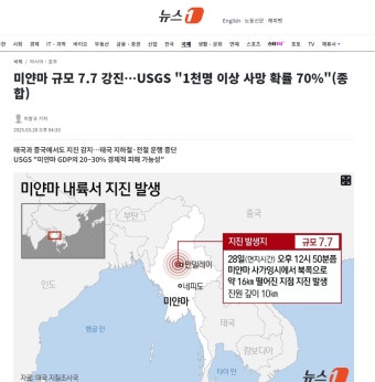 미얀마 규모 7.7 강진…USGS 