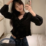 [러블리🤍/프렌치감성/활용도굿][MADE] 소로 V넥 스트랩 프릴 긴팔블라우스 (44~88)-♥핫핑♥ [러블리🤍/프렌치감성/활용도굿][MADE] 소로 V넥... 