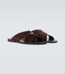 Logo suede and leather sandals in brown - Prada | Mytheresa