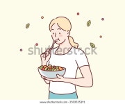 야채 샐러드를 먹는 행복 한 여자. 스톡 벡터(로열티 프리) 2503535391 | Shutterstock