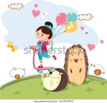 한 작은 소녀가 고슴도치 두 마리와 스톡 벡터(로열티 프리) 1673929453 | Shutterstock